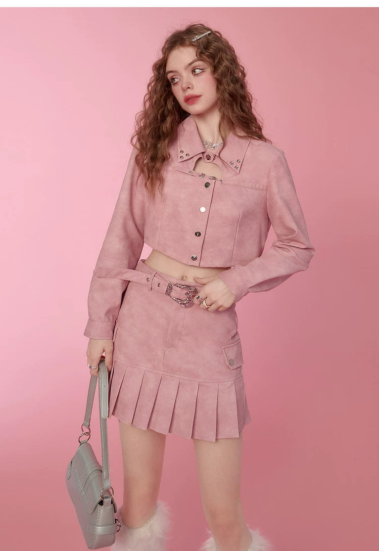 PU Leather Short Jacket & Short Pleats Skirt Setup