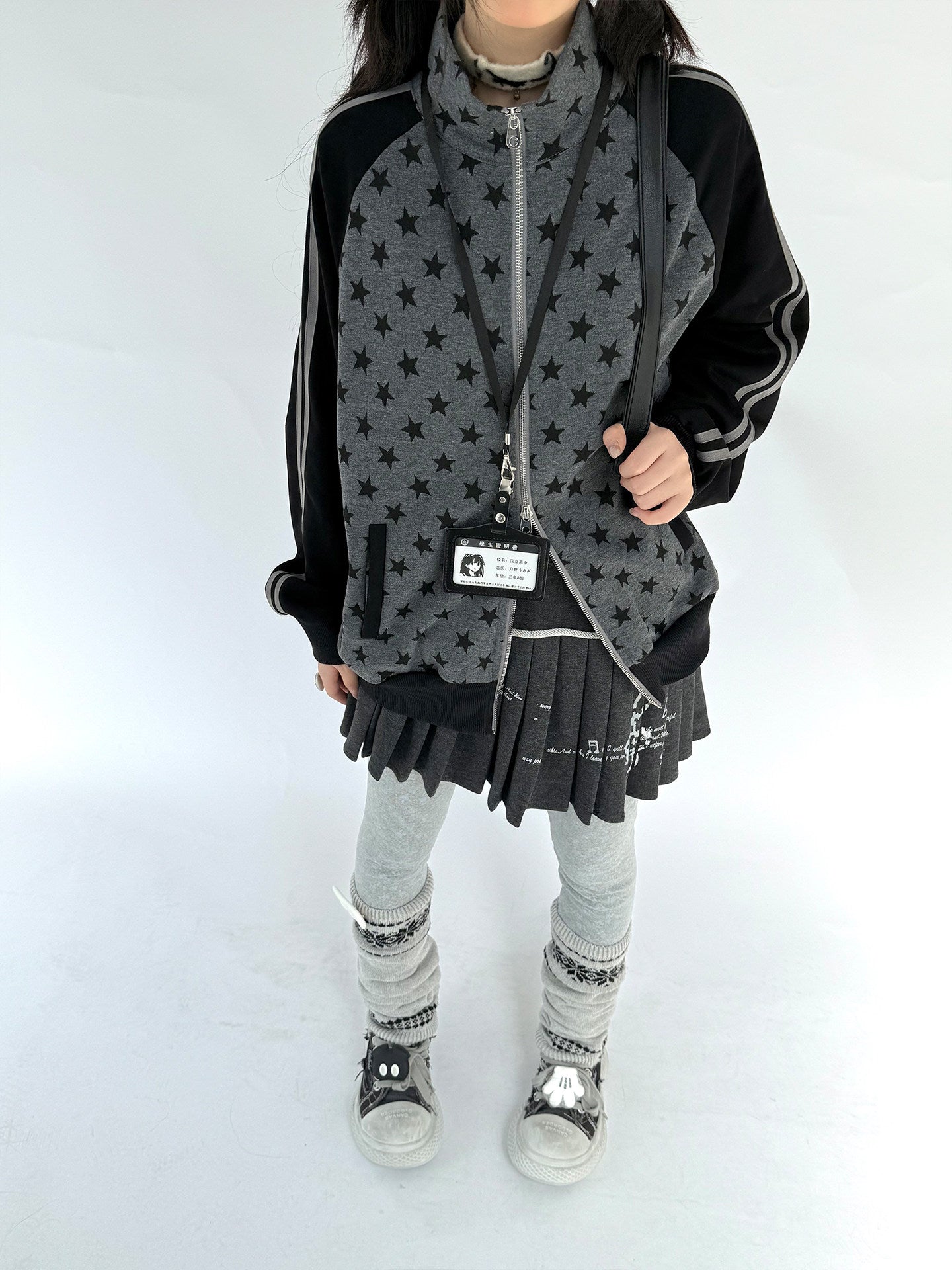 Star Print Double Zipper High-Neck Oversize Cardigan