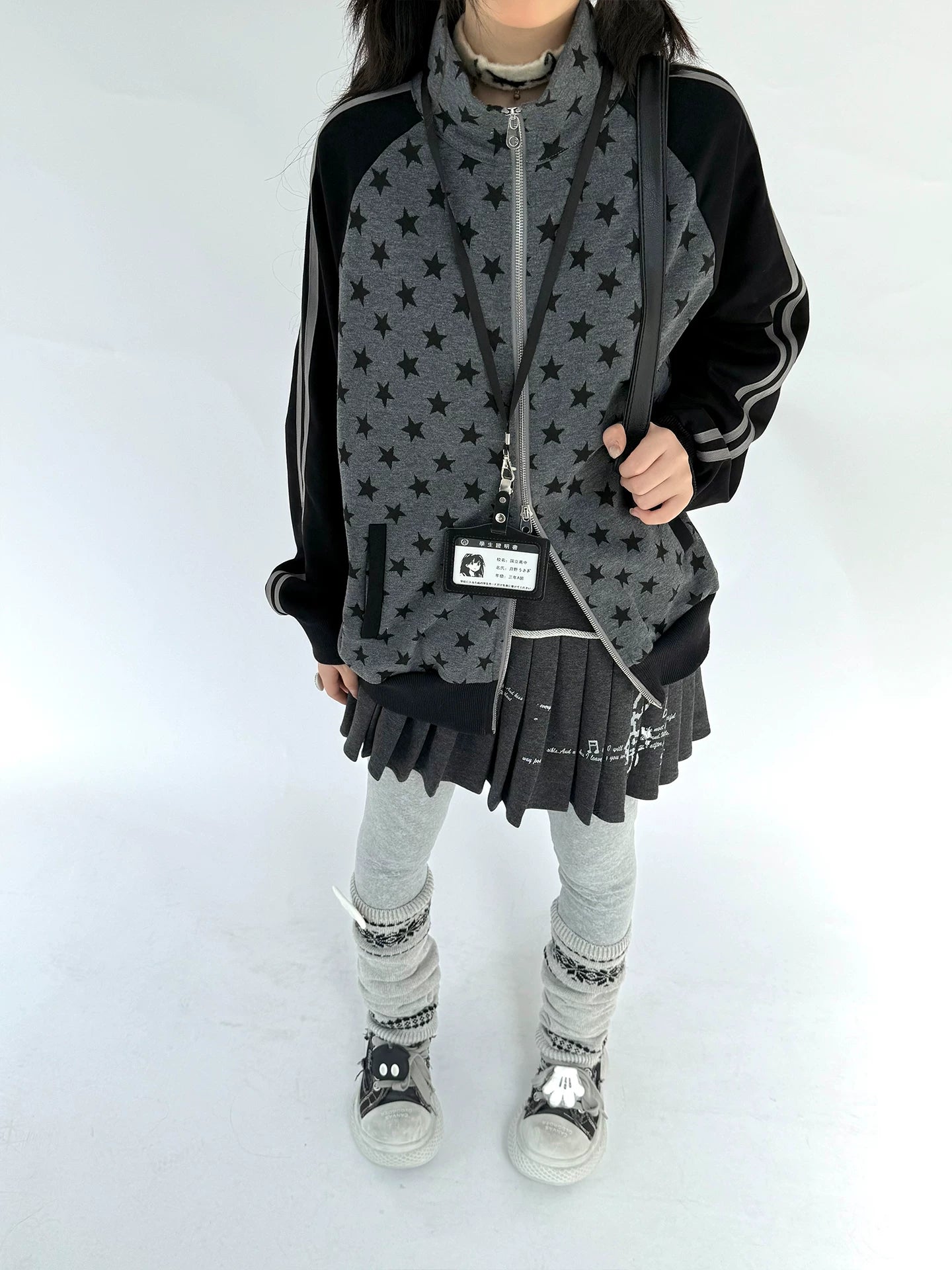 Star Print Double Zipper High-Neck Oversize Cardigan