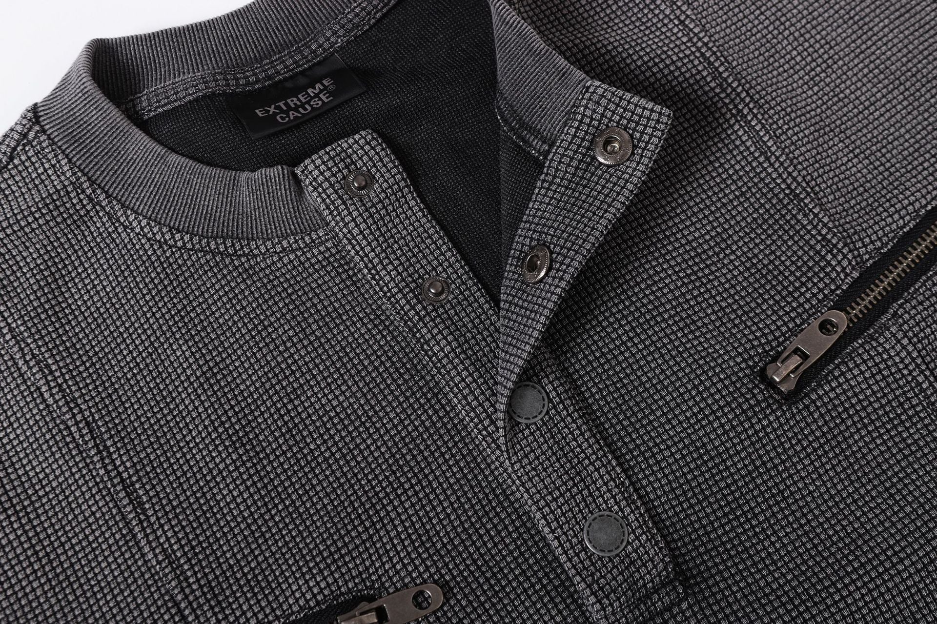 Half-Open Collar Check Wash Damage Short Sleeve T-Shirt