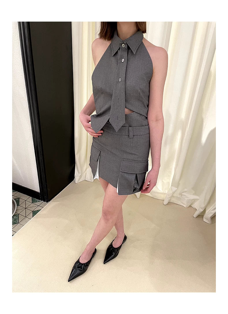 Polo Collar Tie Sleeveless Top & Large Pocket Short Skirt Setup