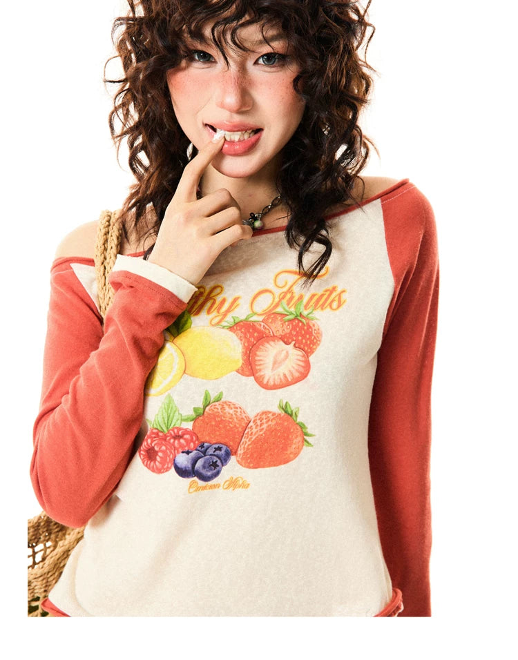 Fruit Graphic Print Off-Shoulder Fitted Long Sleeve T-Shirt