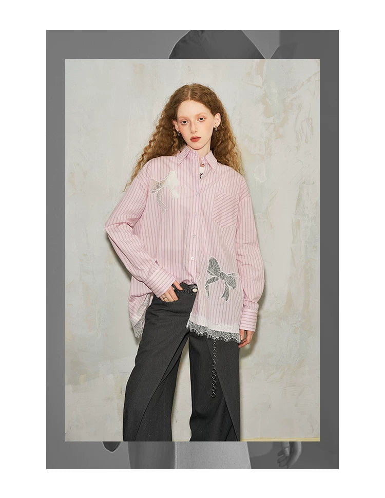 Stripe Lace Hollow Bow Long Sleeve Shirt