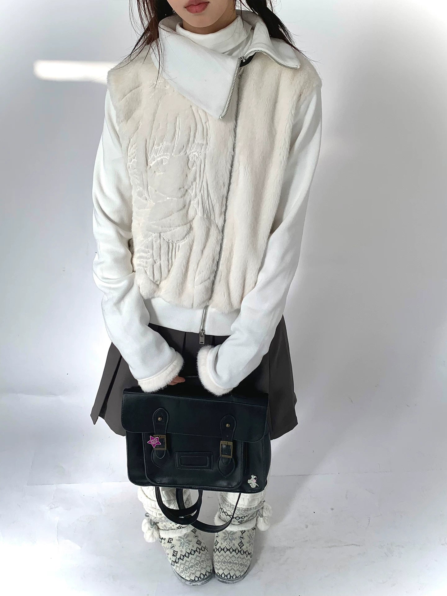 Fleece Embroidery Asymmetrical Zipper Jacket