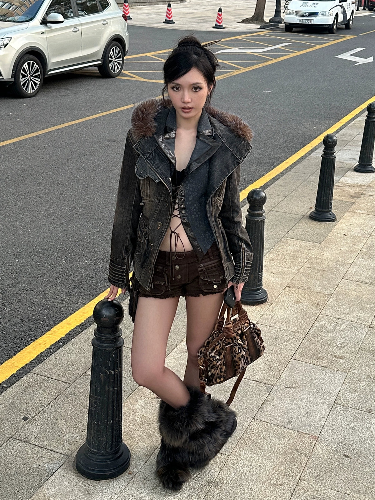 Padded Detachable Washed Denim Jacket