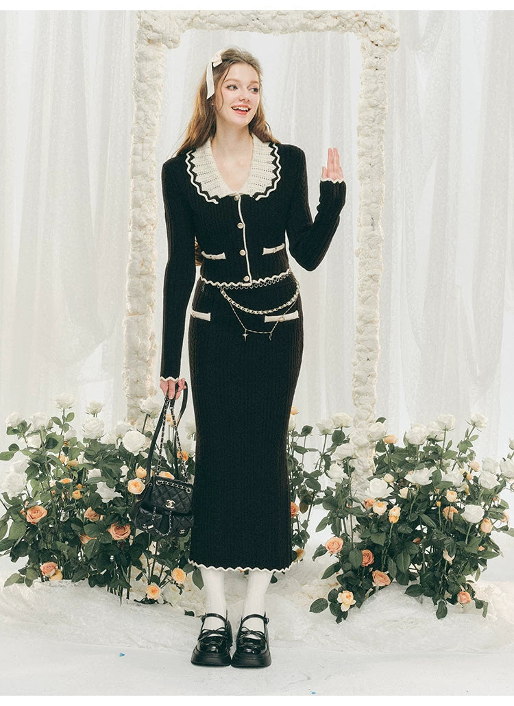 Ensemble cardigan en tricot à grand col et jupe moulante