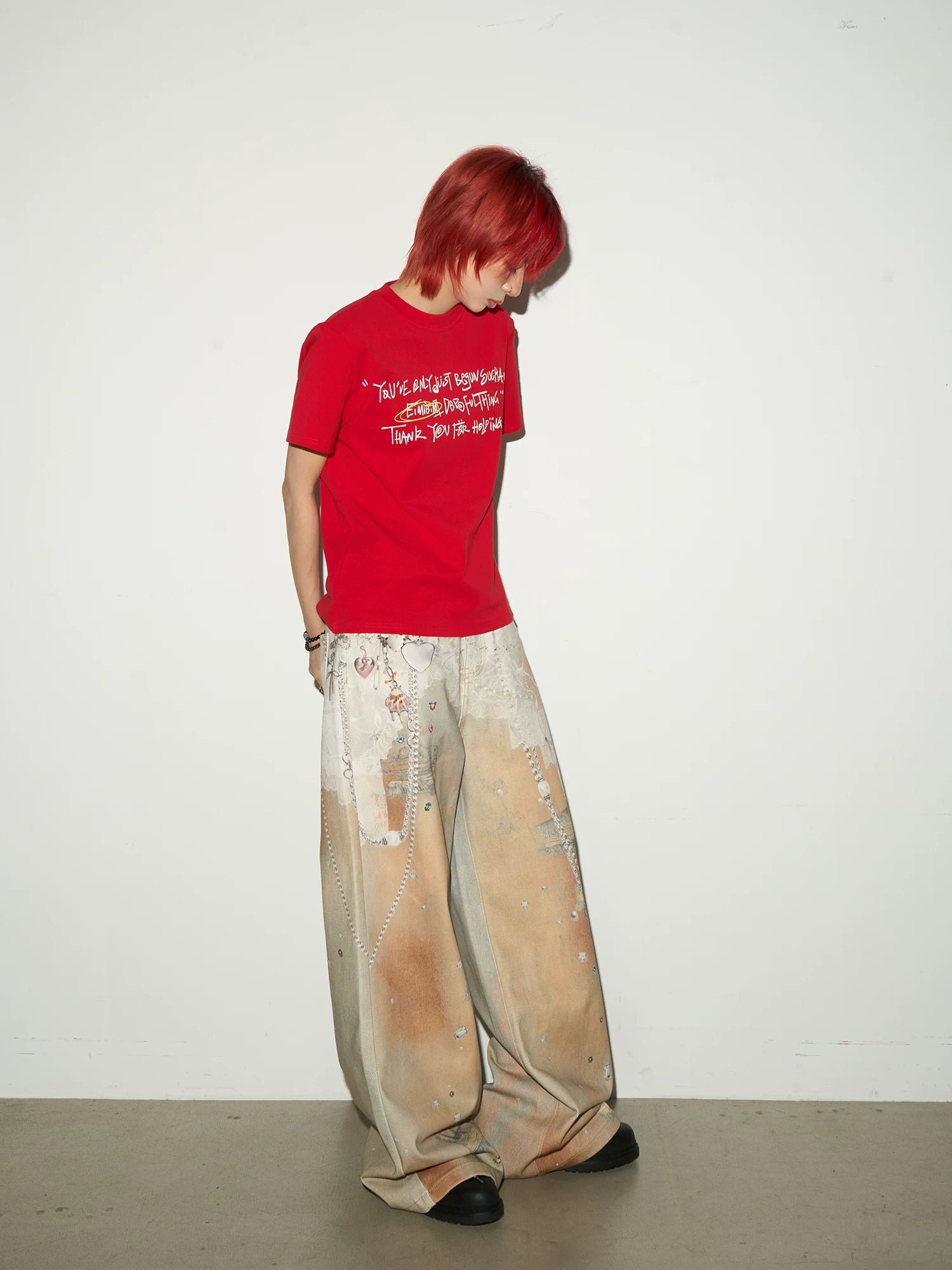 Digital Hand-Drawn Print Wide Leg Denim Jeans