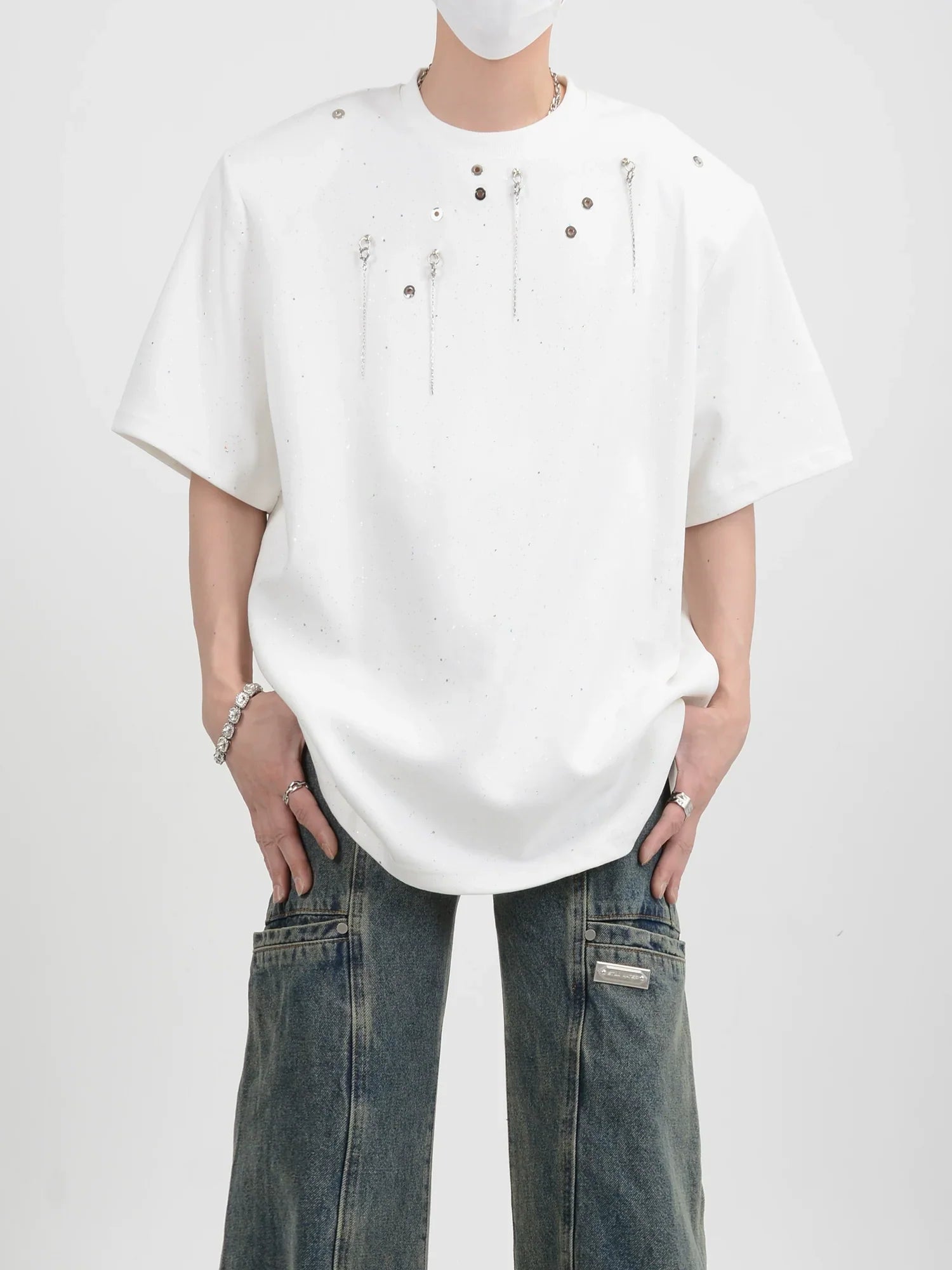 Metal Pendant Decoration Shoulder Pad Short Sleeve Shirt