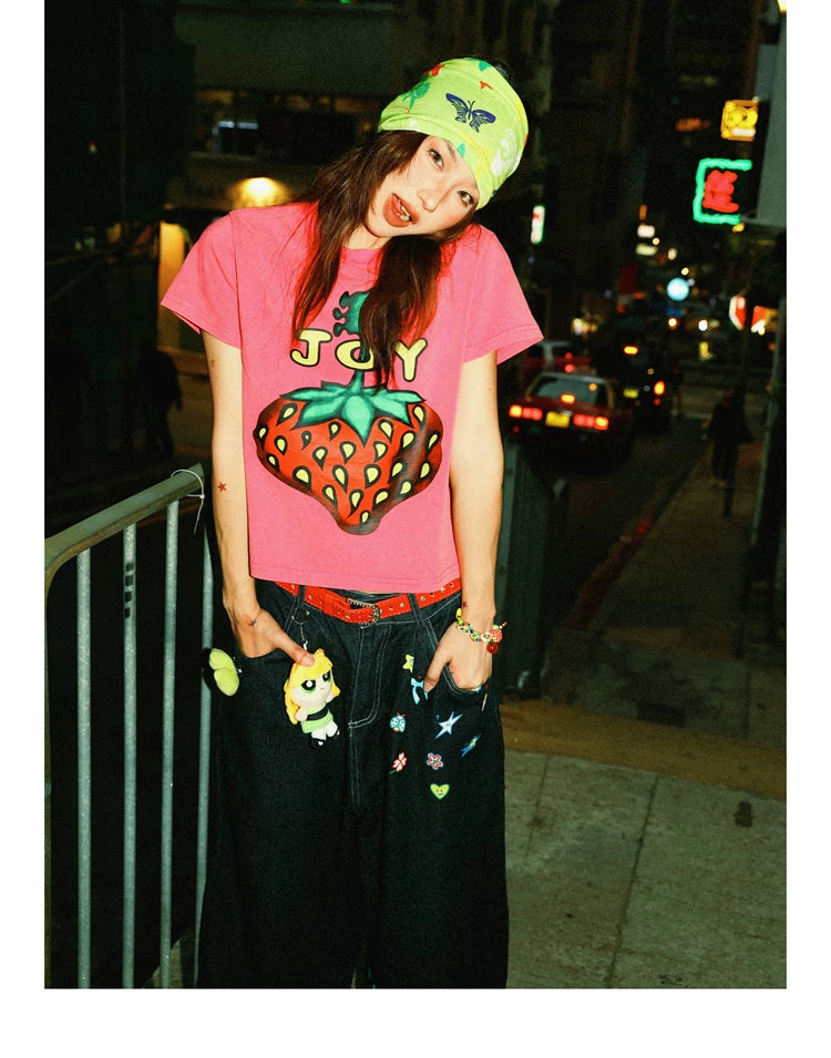 Strawberry Print Cropped Short Sleeve T-Shirt