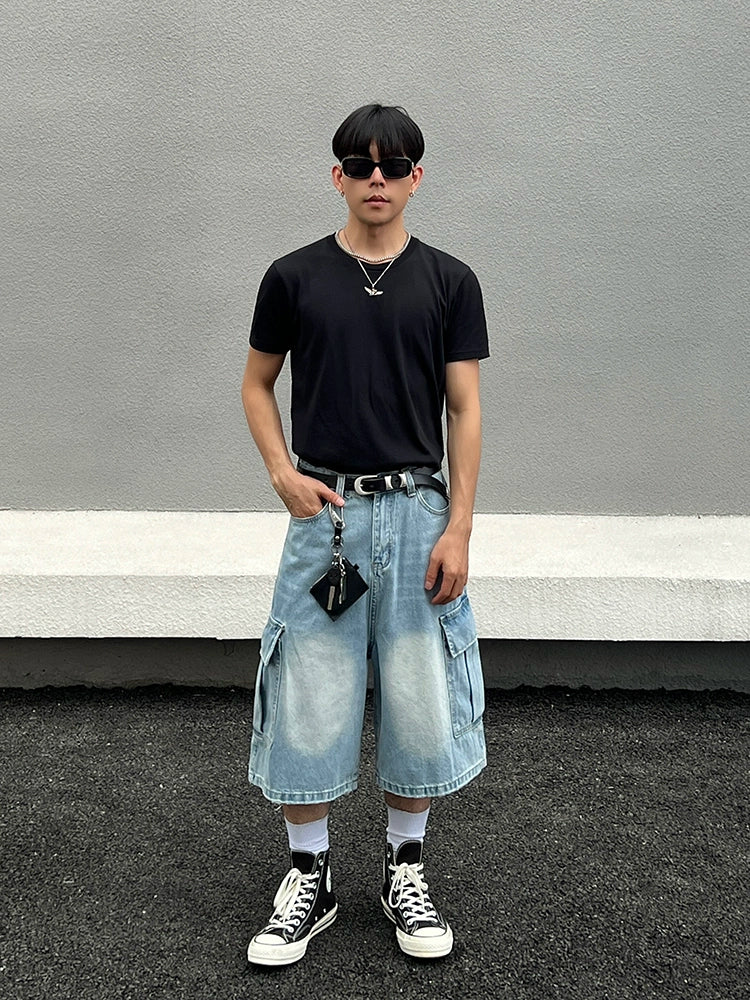 Washed Light Blue Multi-Pocket Wide Leg Denim Short