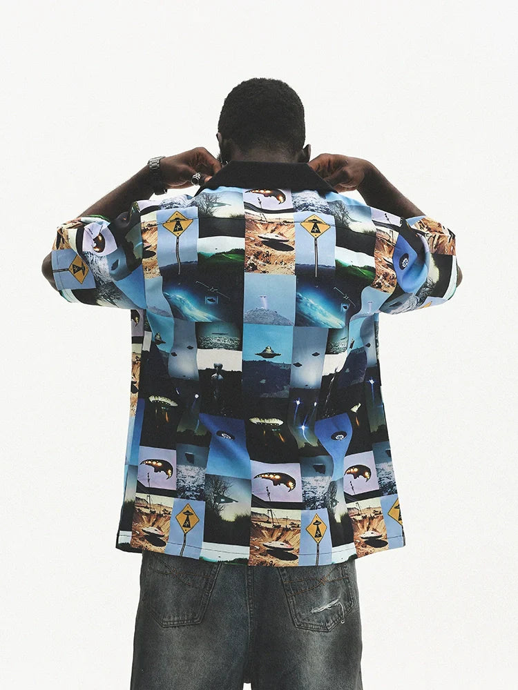 Camicia oversize a maniche corte con stampa grafica mista