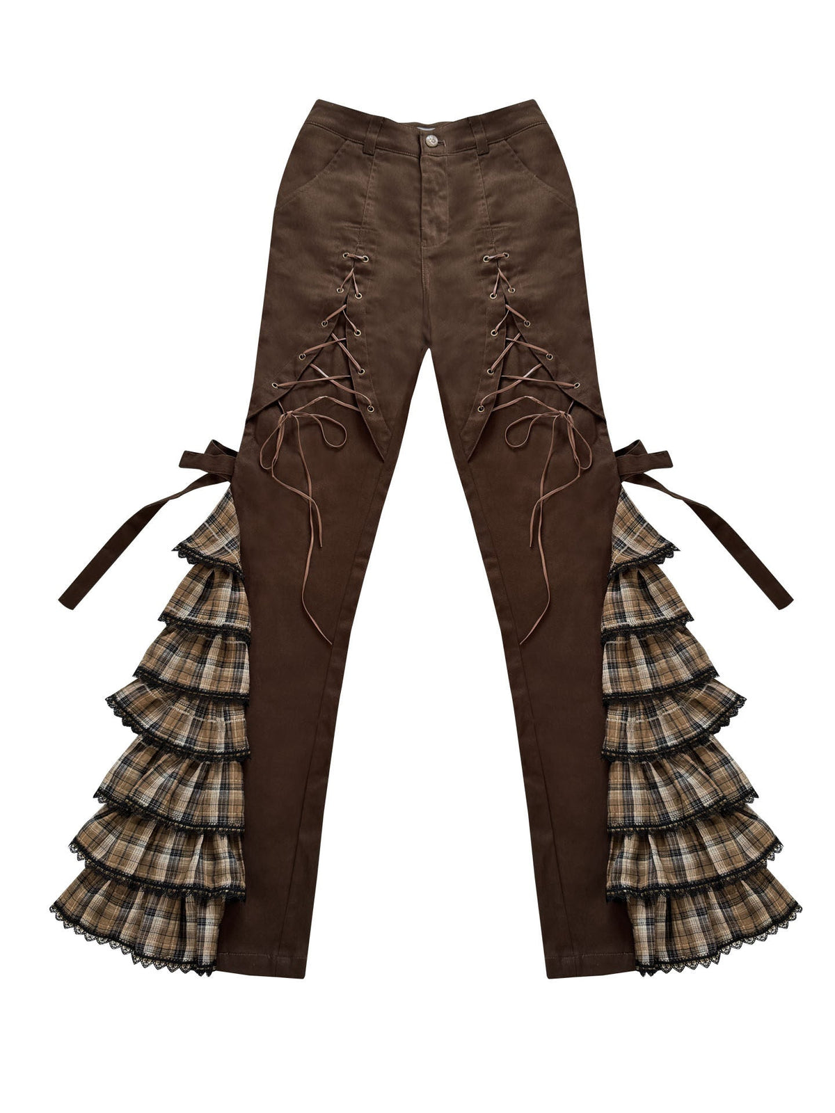 Plaid Lace-Up Ruffle Slimming Pants