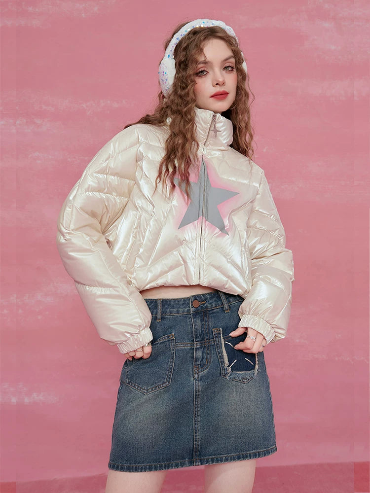 Star-Stitch Stand Neck Short White Duck Down Jacket