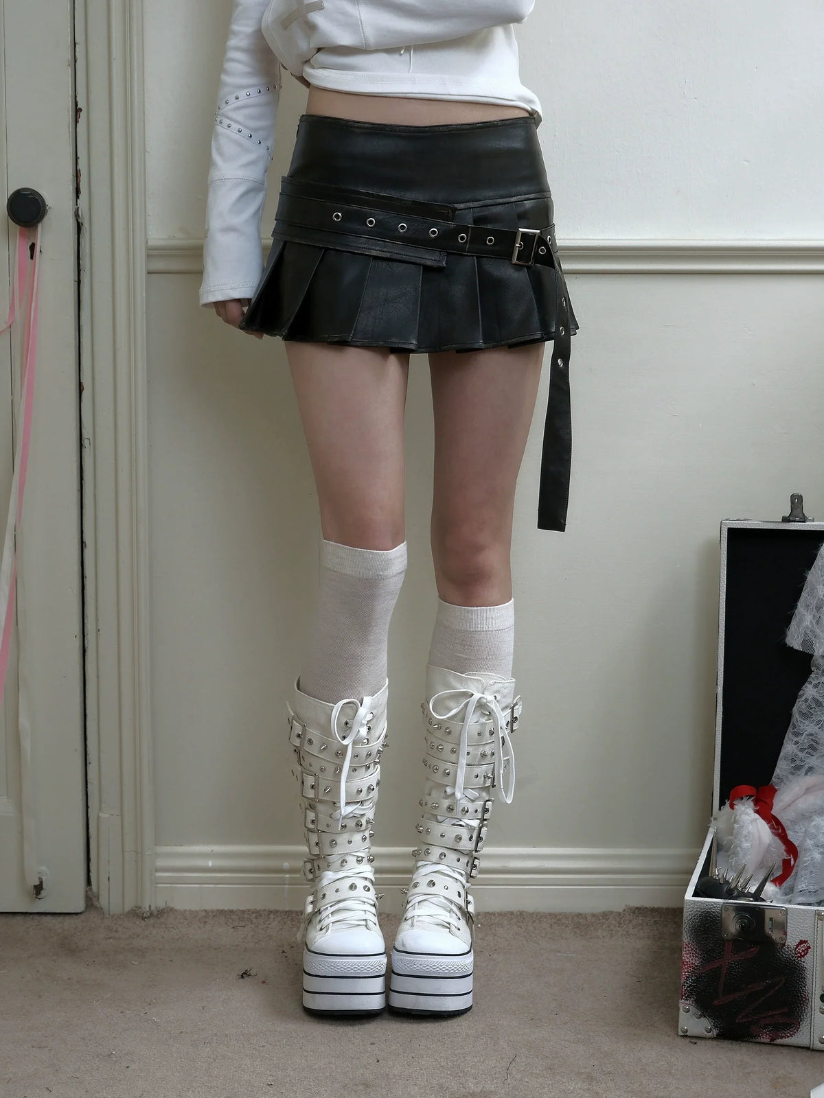 Washed Pleated PU Leather Short Skirt