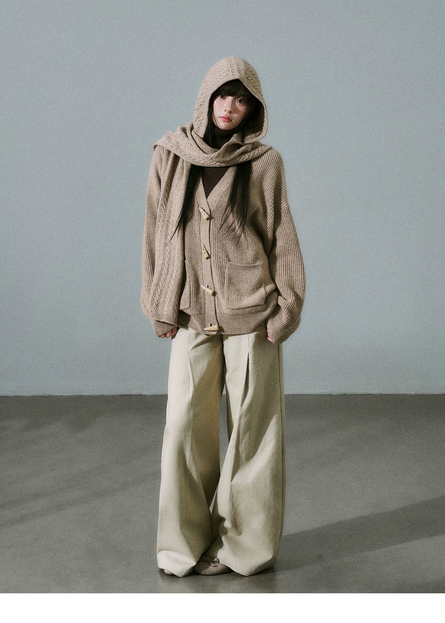 Hooded Horn Button Fleece Lining Knit Cardigan