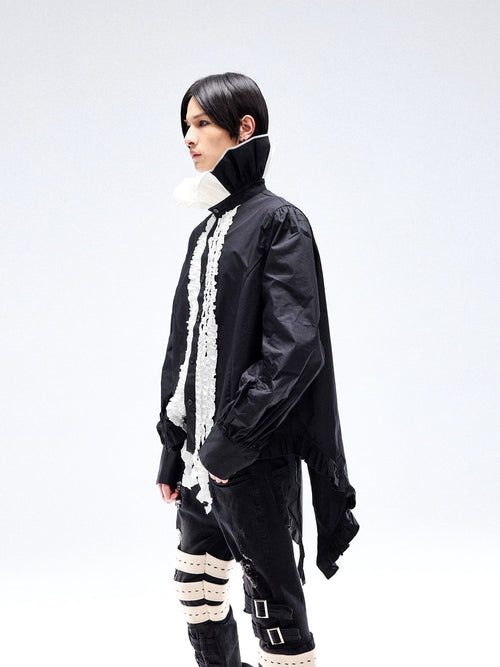 3D Cut Collar Oversize Long Sleeve Shirt - Black / S