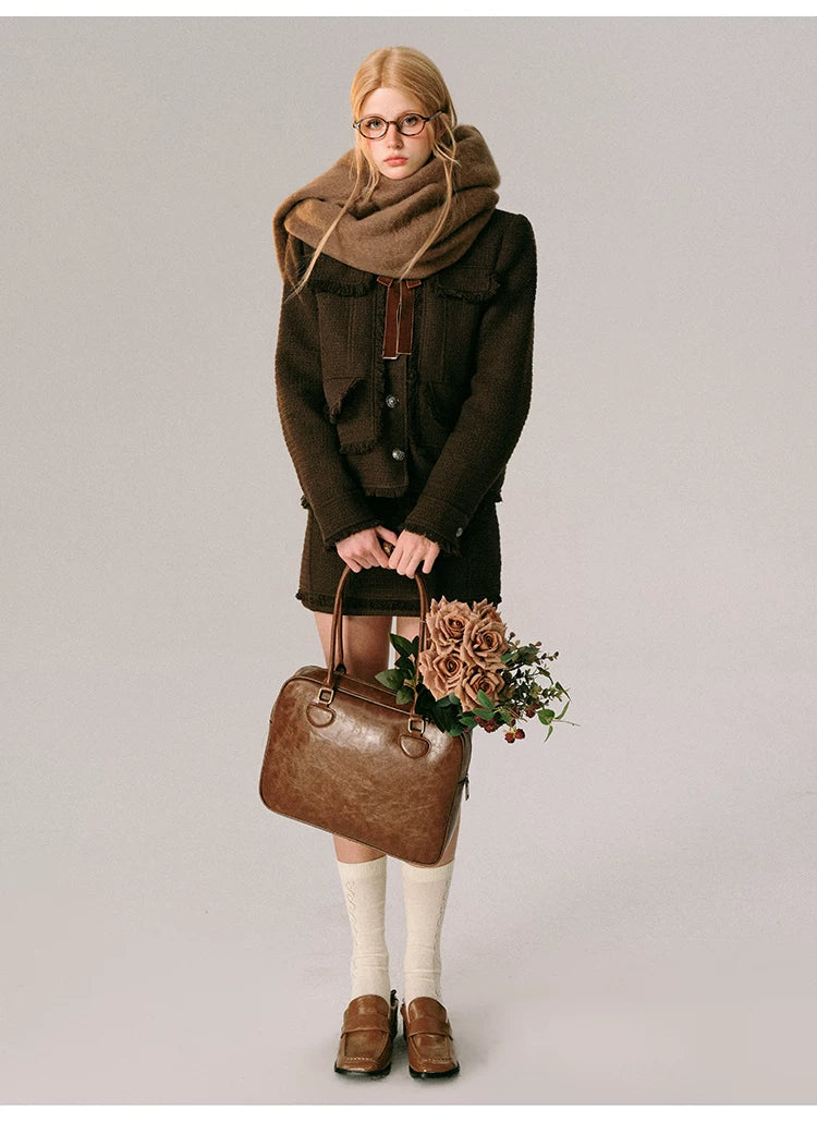 Bow Design Wool Blend Jacket & Short Skirt Setup