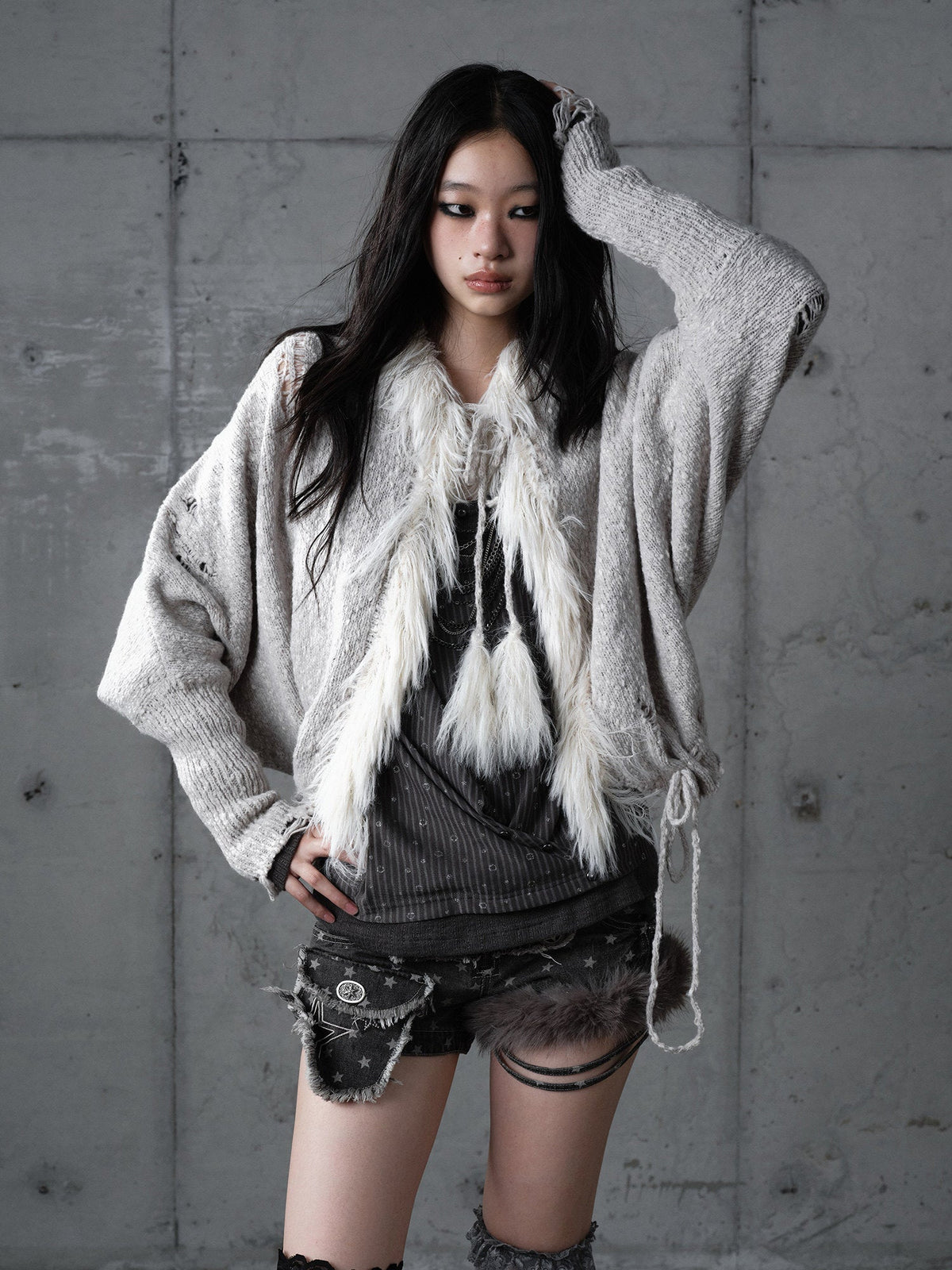 Fake Fur Trim Drawstring Oversize Knit Cardigan