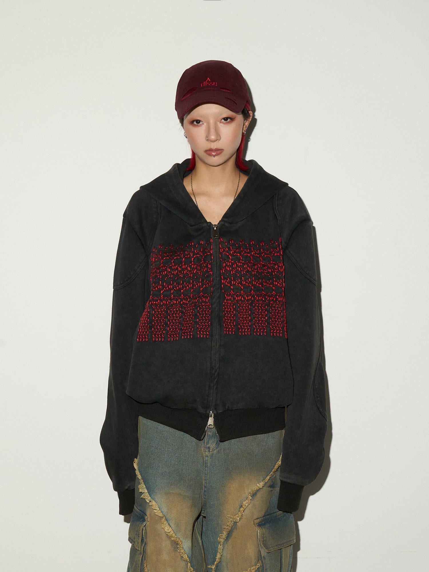 Embroidery Wash Damage Oversize Zipper Hoodie