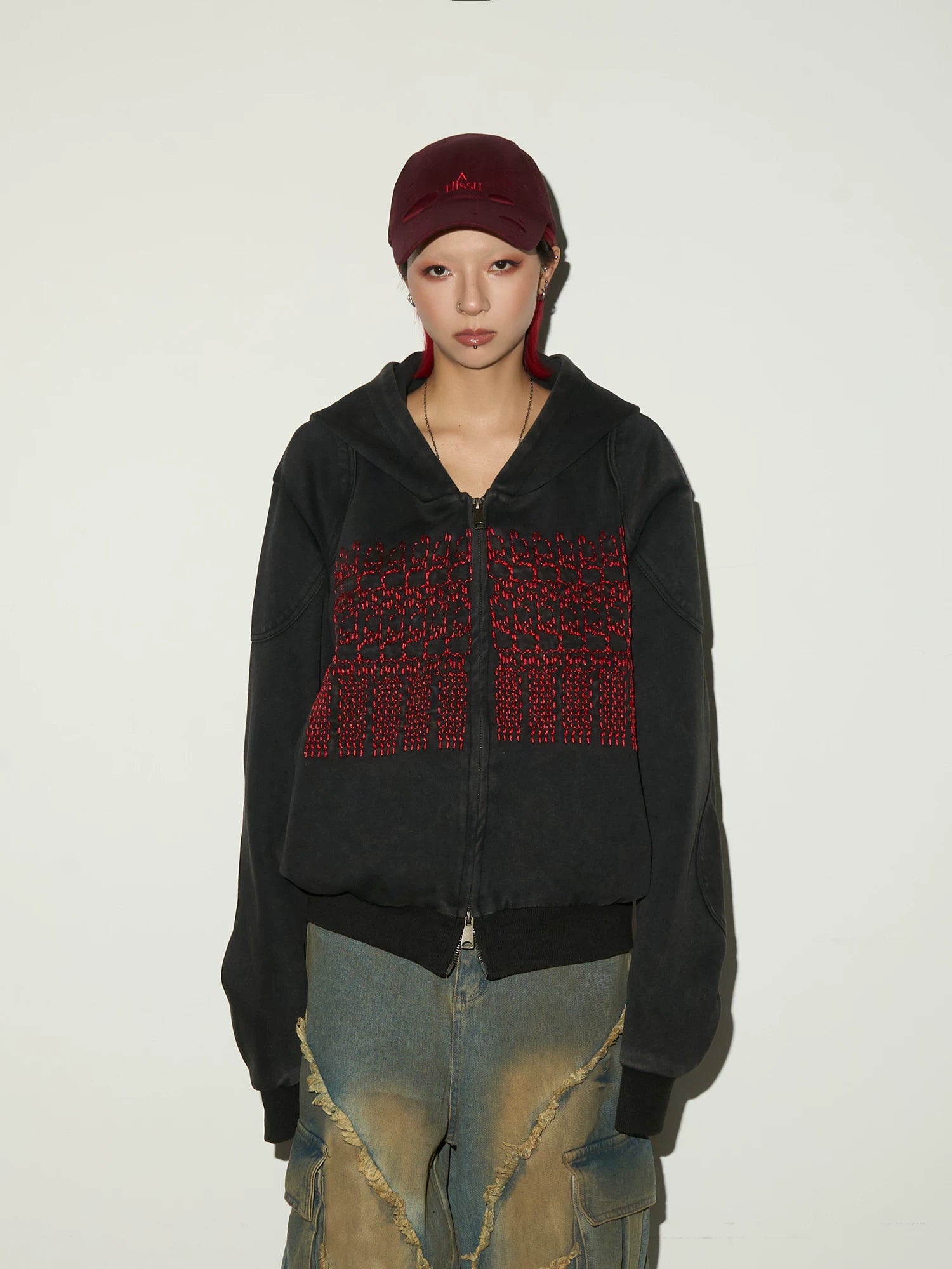 Embroidery Wash Damage Oversize Zipper Hoodie