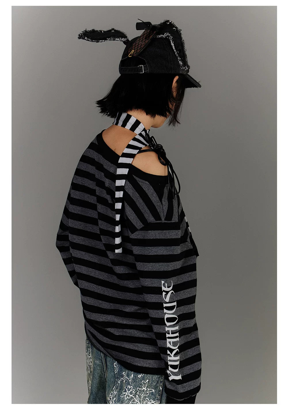 Off-Shoulder Drawstring Stripe Oversize Long Sleeve T-Shirt