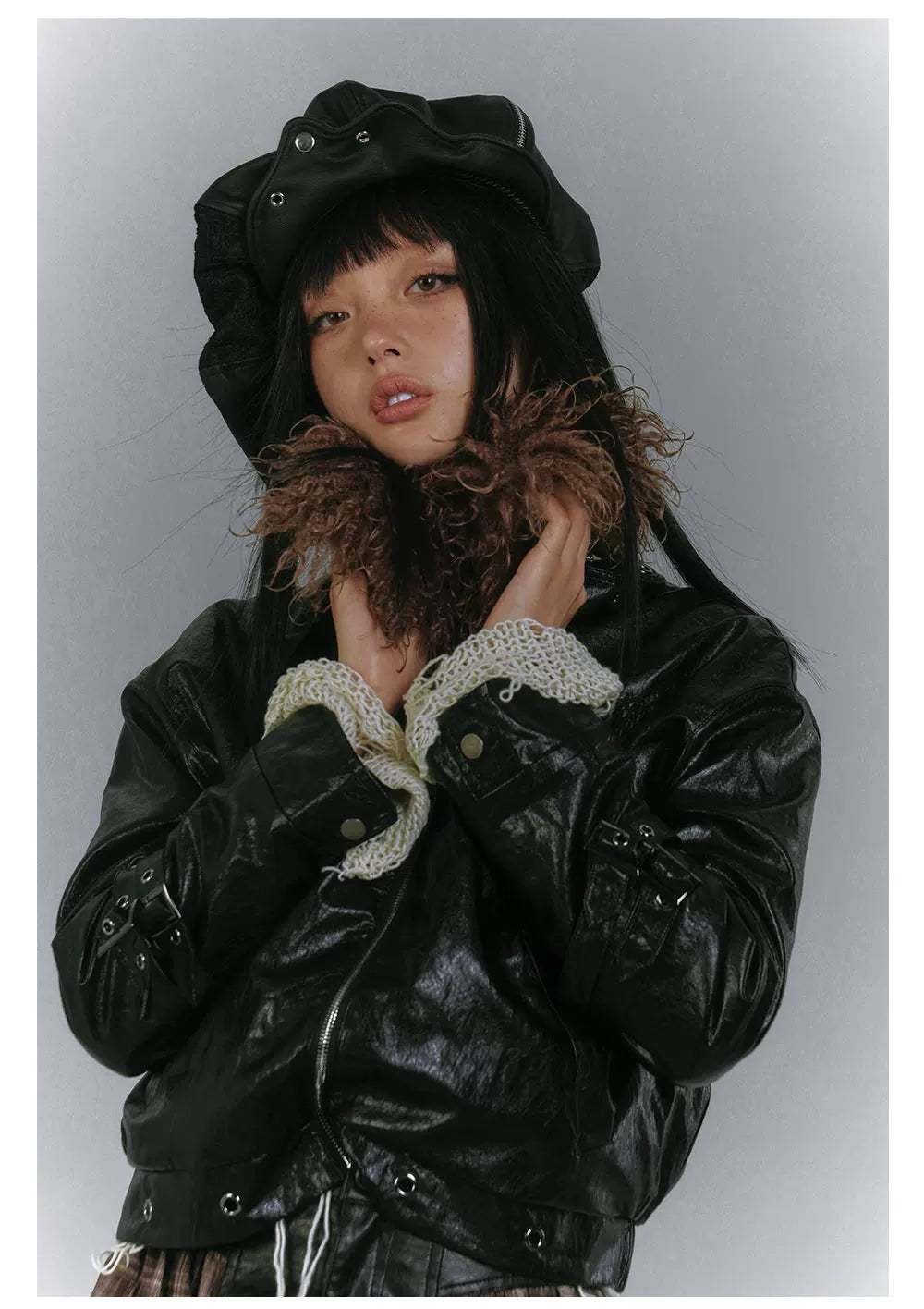 Detachable Fur Collar Glossy Padded PU Leather Jacket