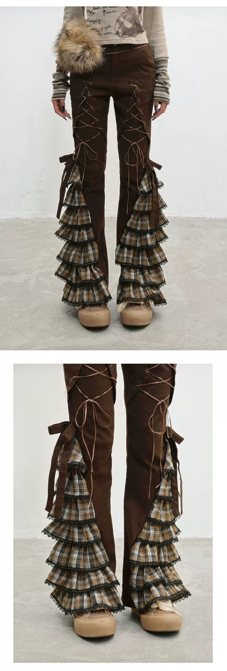 Plaid Lace-Up Ruffle Slimming Pants