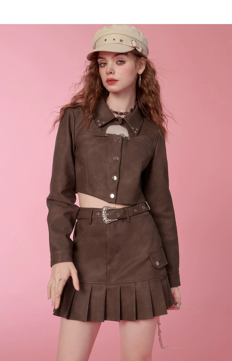 PU Leather Short Jacket & Short Pleats Skirt Setup