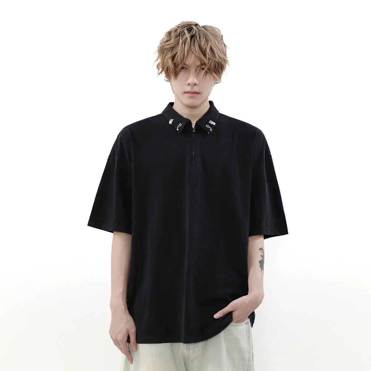 Half Zipper Metal Buckle Short Sleeve Polo Shirt