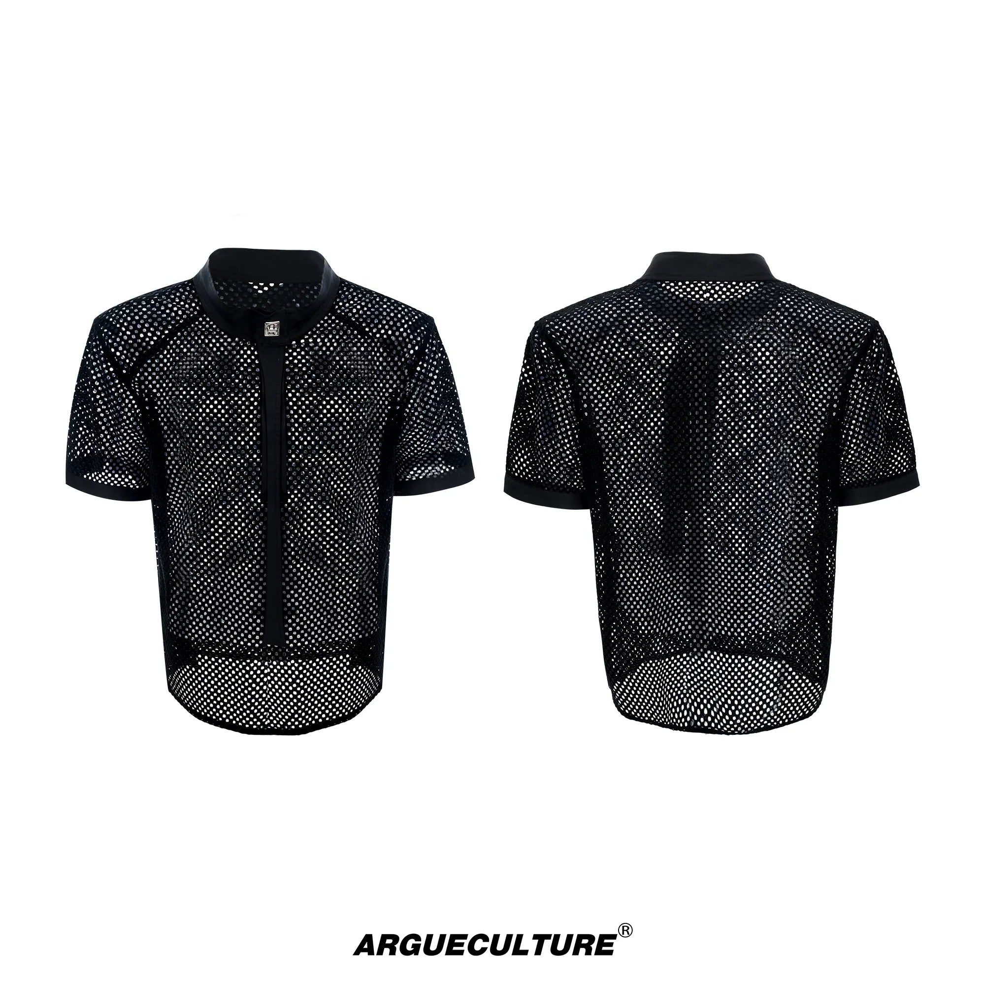 Knit Mesh Necktie Patchwork Short Sleeve Shirt