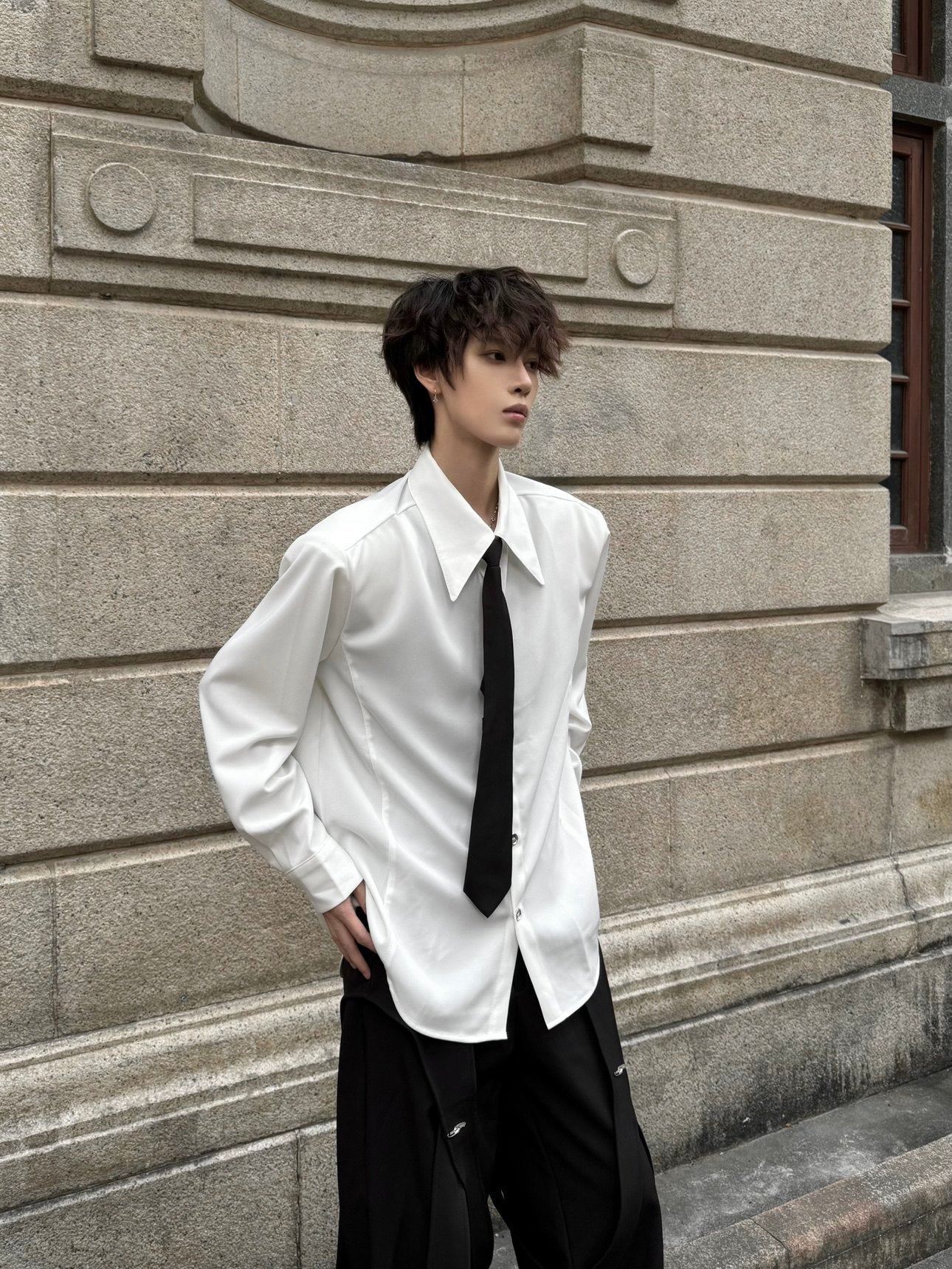 With Tie Shoulder-Pad Wrinkle-Resistant Oversize Long Sleeve Shirt