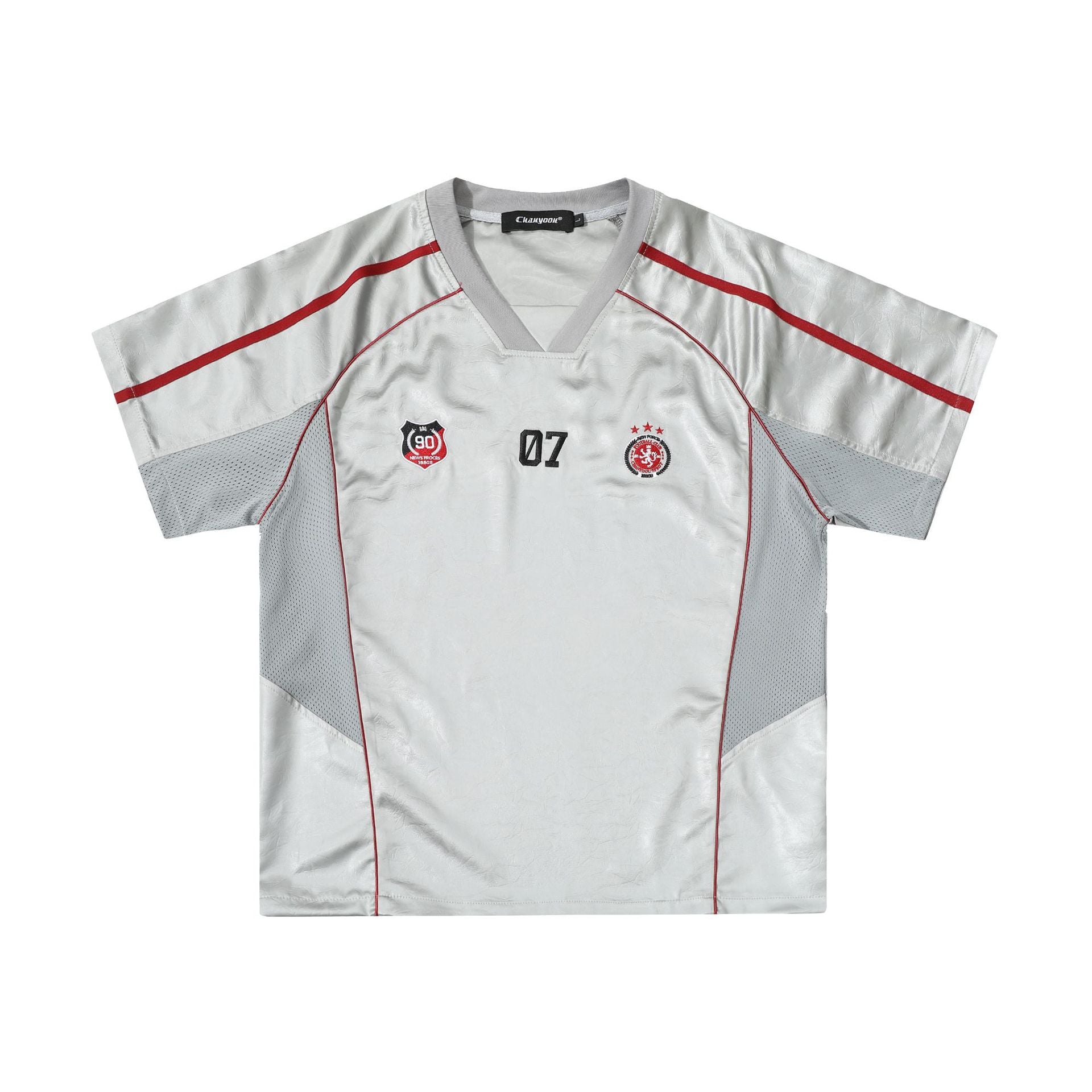 Chest Emblem PU Leather Stitching V-Neck Oversize Short Sleeve T-Shirt