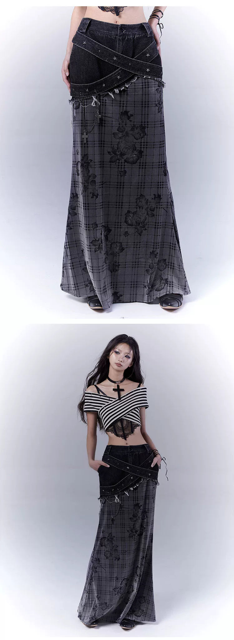 Plaid Rose Low Saturation Denim Skirt