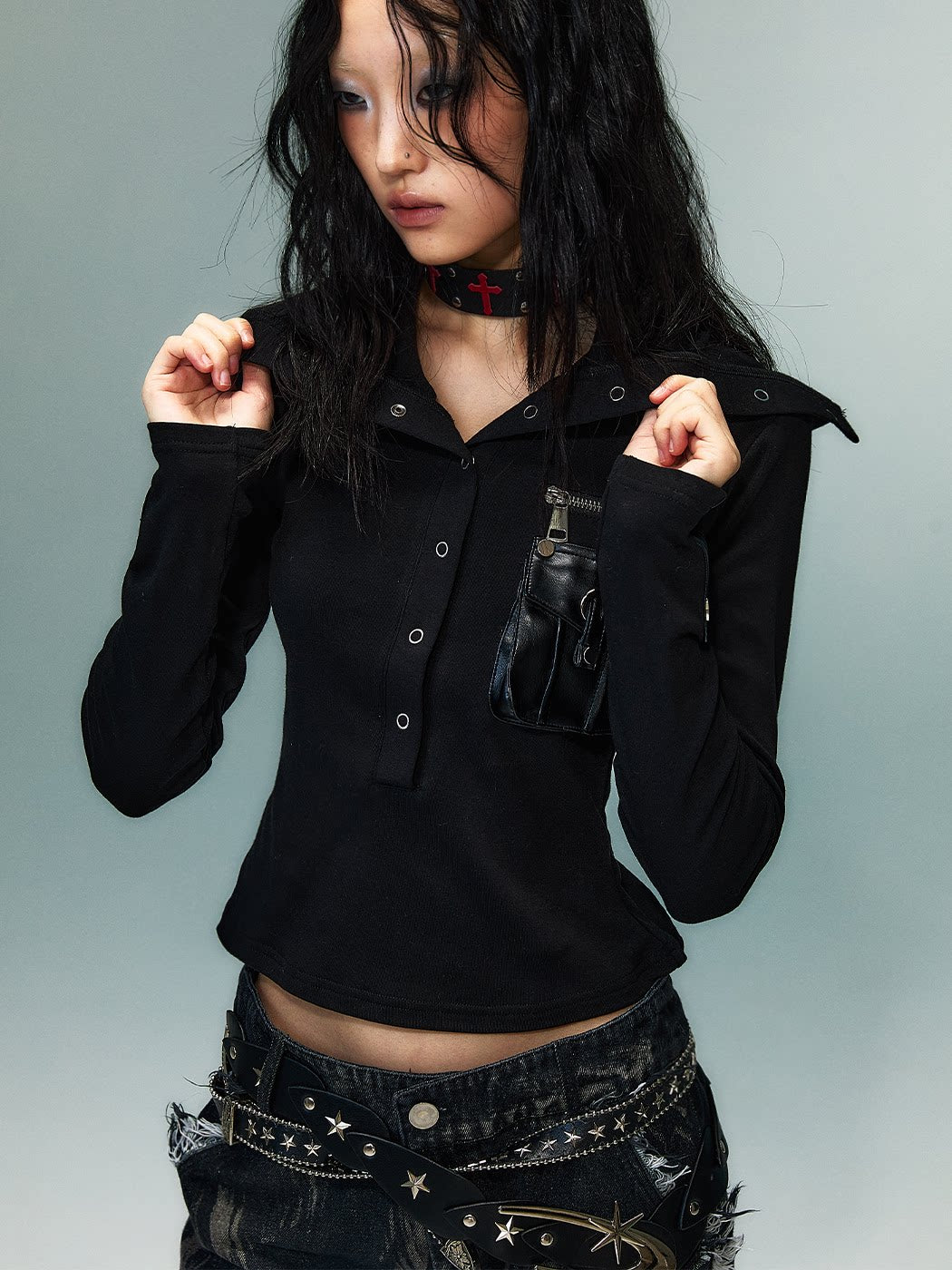 High-Neck Convertible Slim Knit Long Sleeve Shirt