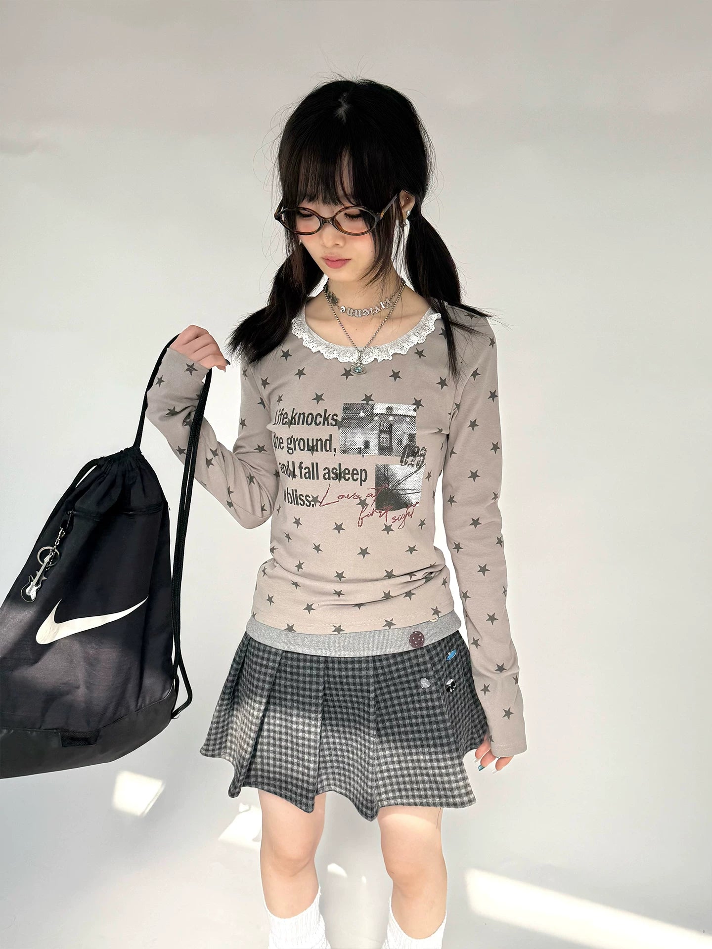 Star Print Lace Trim Fitted Long Sleeve T-Shirt
