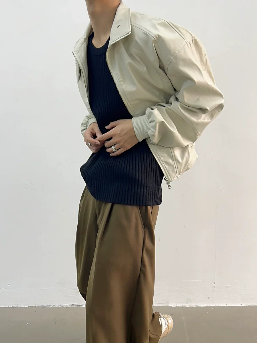 Stand Neck Shoulder Pad Short PU Leather Jacket