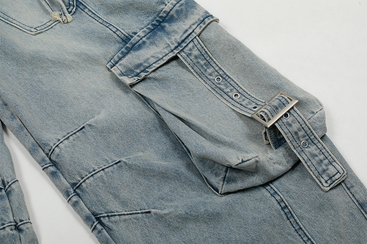 Washed Curved Multi Pocket Wide Leg Cargo Denim Jeans