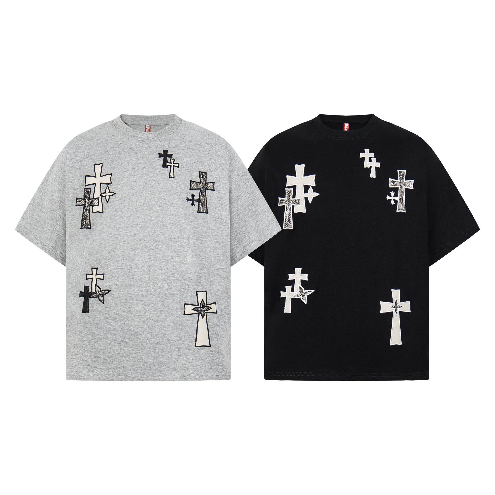 Cotton Cross Applique Embroidery Short Sleeve T-Shirt