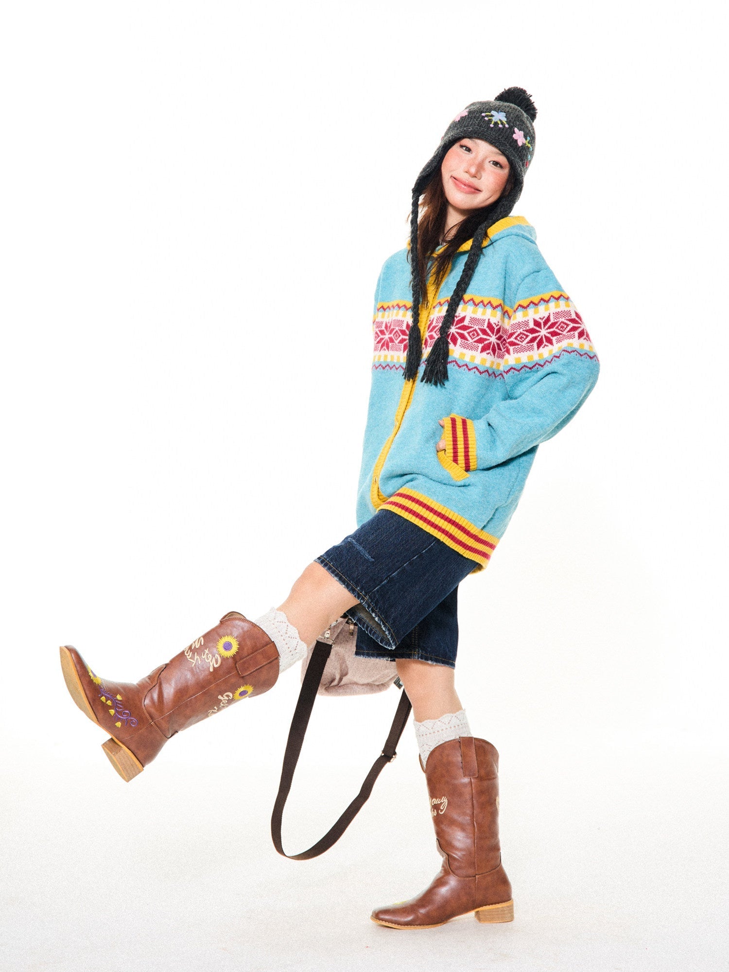 Contrast Pattern Hooded Knit Cardigan