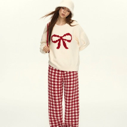 Soft Bow Plaid Pants Pajama Set