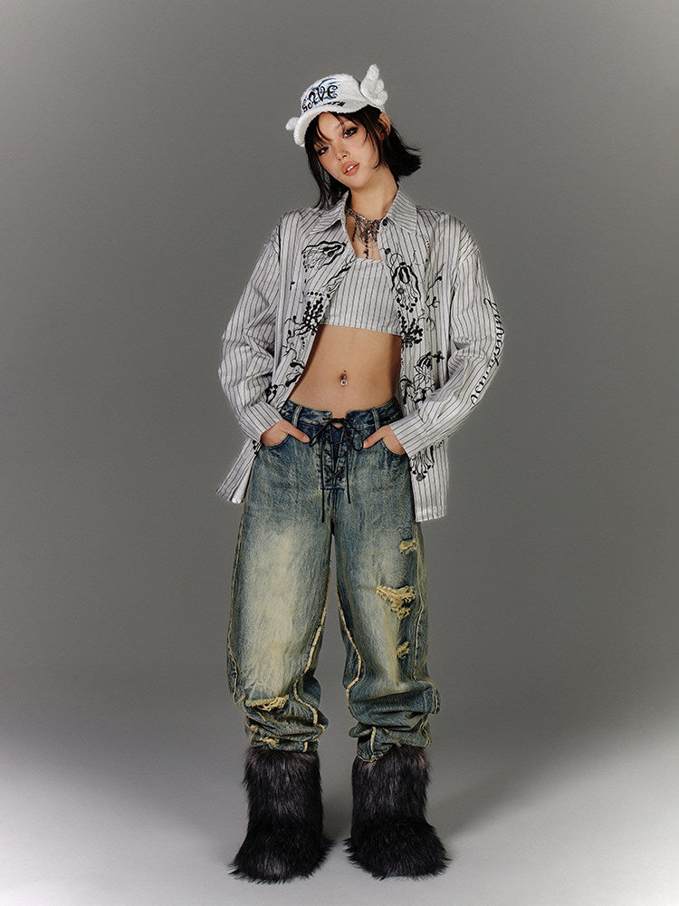 Washed Blue Damage Wide Leg Denim Jeans