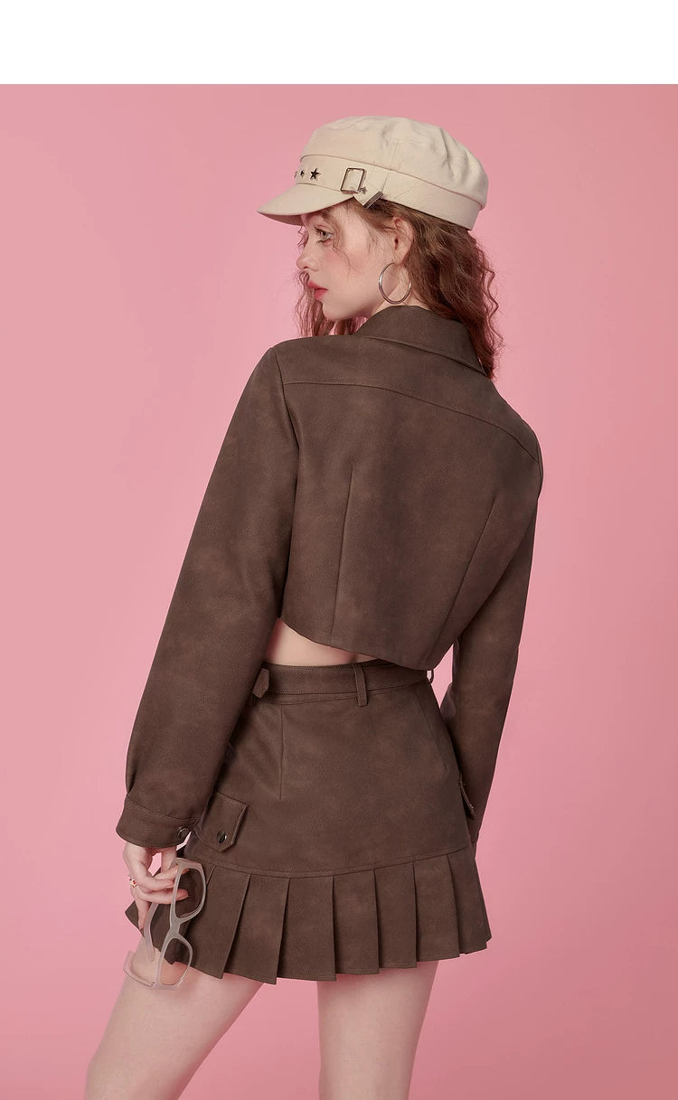 PU Leather Short Jacket & Short Pleats Skirt Setup