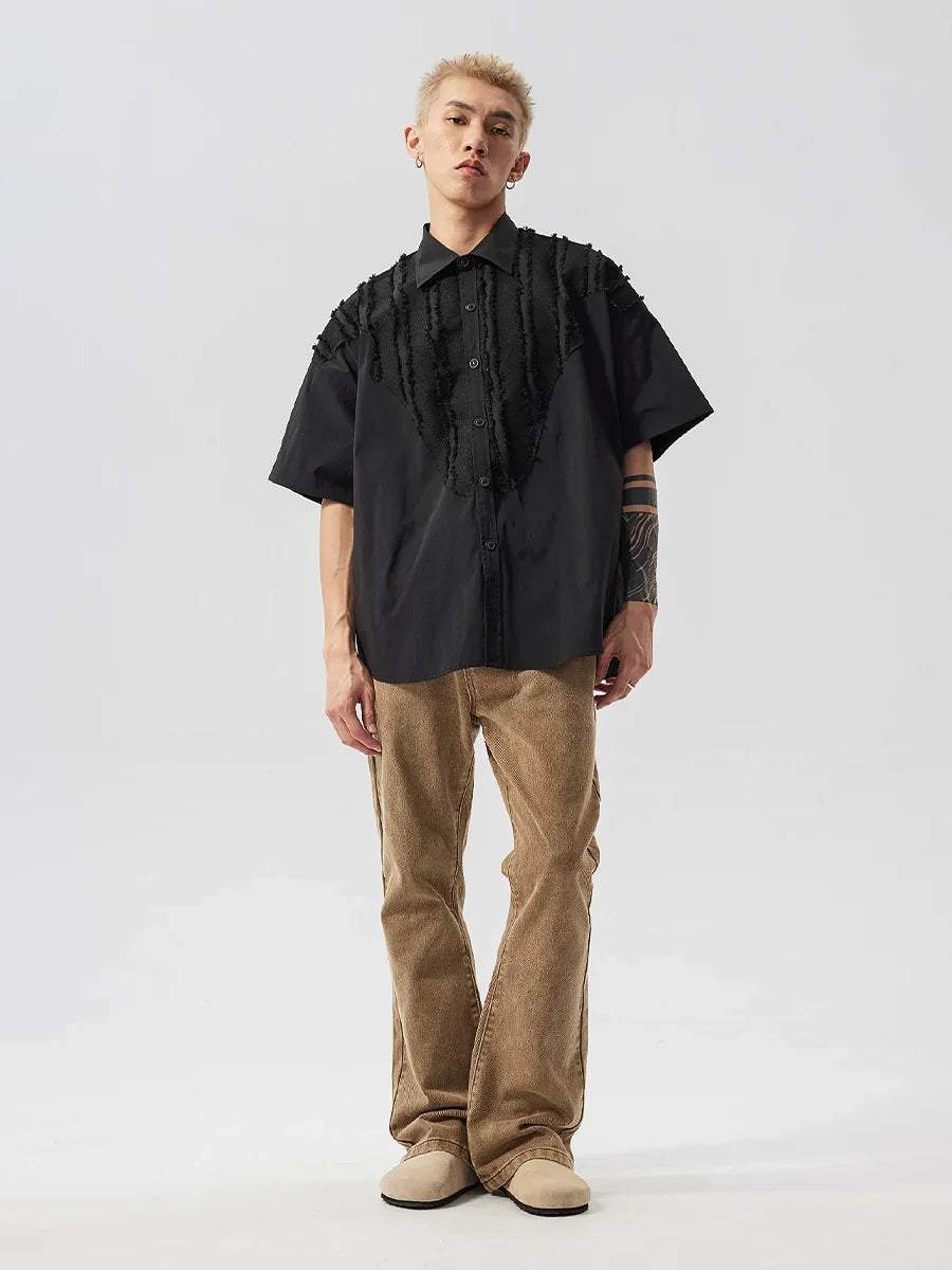 Deconstructed Raw Edge Patchwork Short Sleeve Shirt