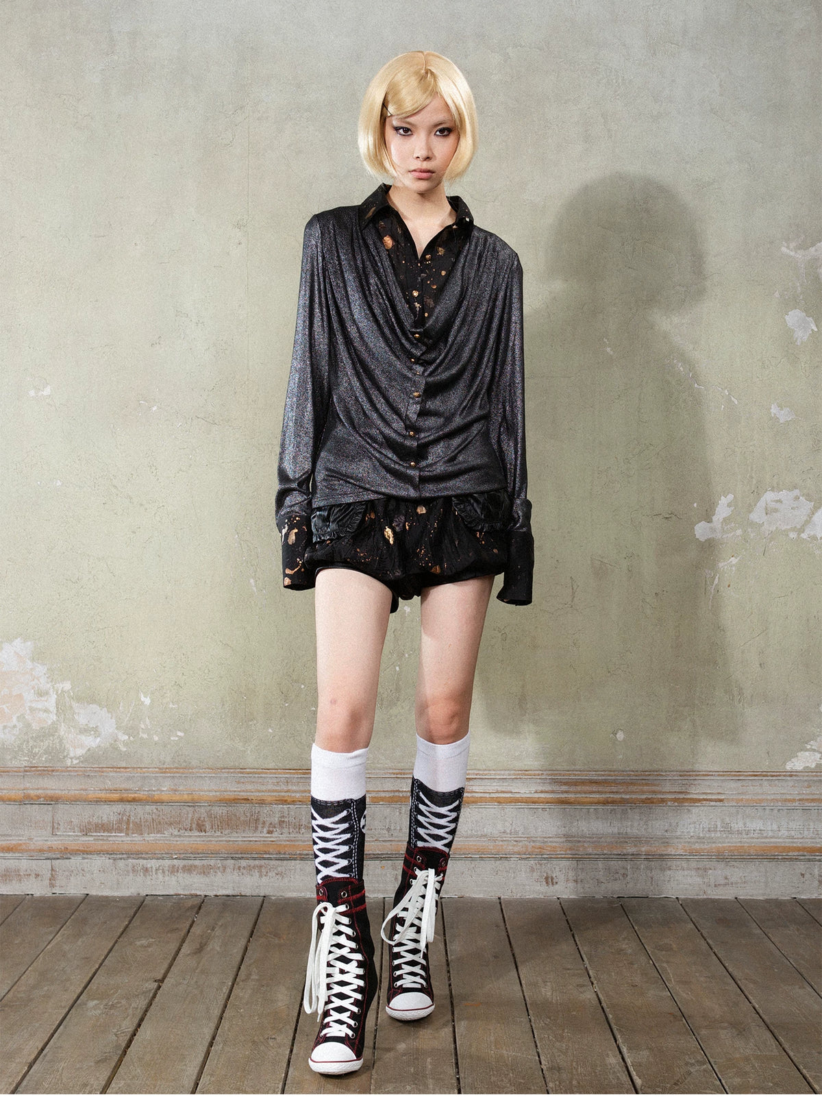V-Neck Fake Layered Patchwork Long Sleeve Shirt