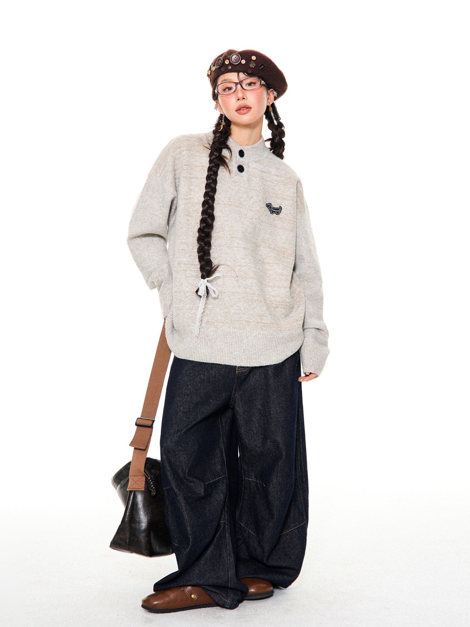 Button-Detail Stand Neck Knit Sweater