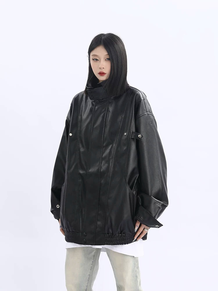 Oversized Standing-Collar PU Leather Jacket