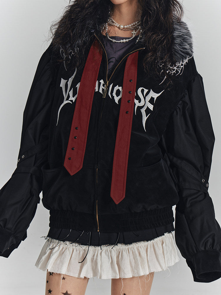 Embroidery Fur Collar Oversize Zipper Jacket