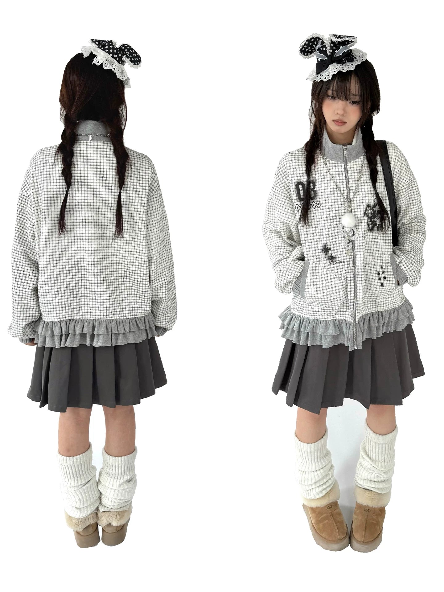 Checkered Ruffle Hem Oversize Zipper Hoodie