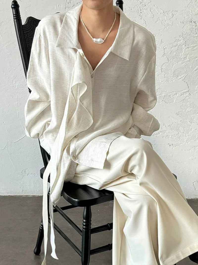 Ribbon Design Linen Long Sleeve Shirt