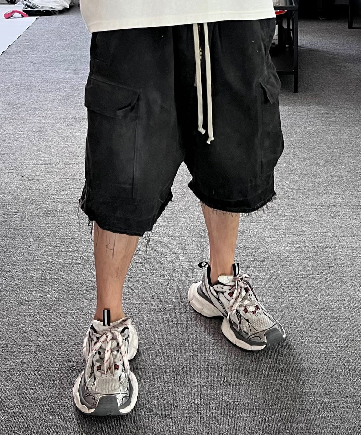 Drawstring Cargo Damage Denim Jort